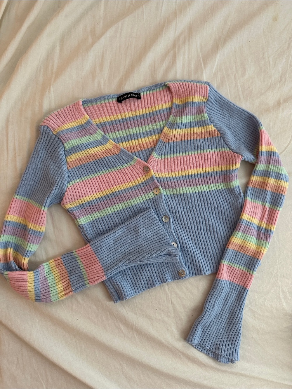 Pastel Multi-Stripe Ribbed V-Neck Button Cardigan - Light Blue